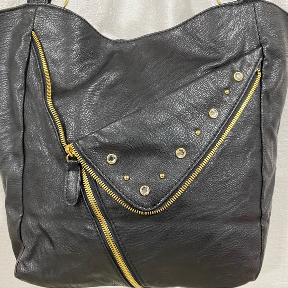 Black Vinyl Handbag Purse Bejeweled Zipper Gold Hardware Bag Double Handles - Picture 3 of 16